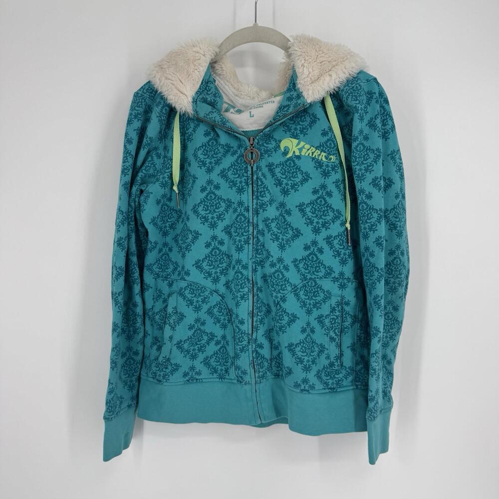 Vintage 90s Y2K Kirra hooded sweatshirt womens Large L teal faux fur full zip